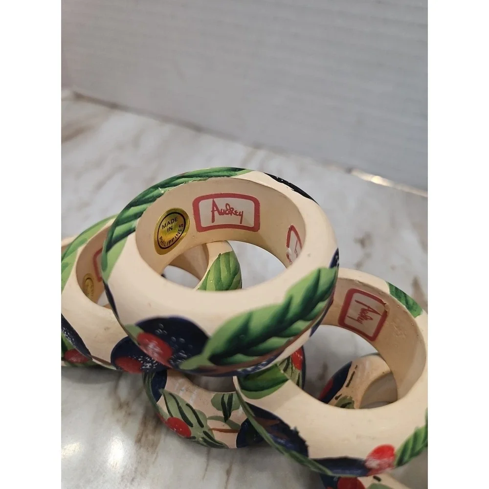 Audrey Brand Wooden Handpainted Napkin Rings Made Philippines Cherry Blueberries